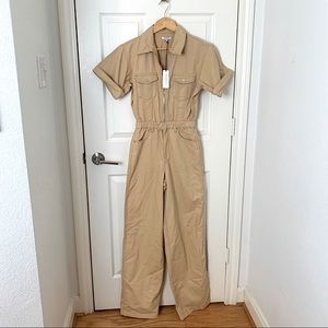 WeWoreWhat Flight Cotton-Linen Blend Jumpsuit in Khaki Beige
